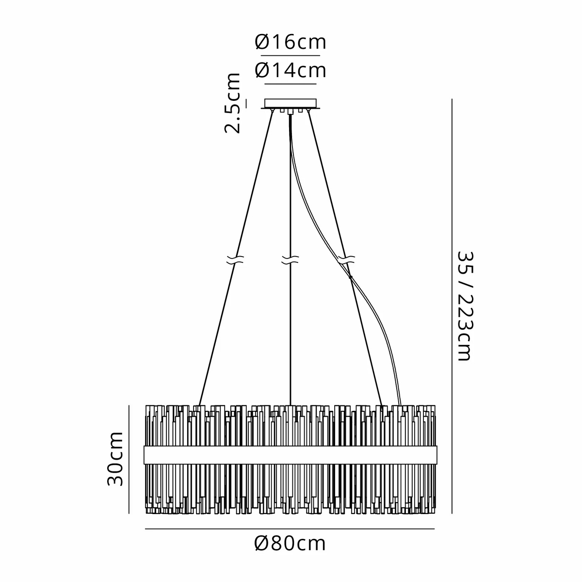 Line drawing of a chandelier with dimensions. Top diameter 16cm, bottom diameter 14cm, height 2.5cm