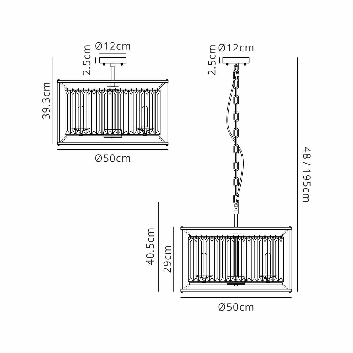 Technical drawing of a rectangular chandelier with two mounting options and dimensions