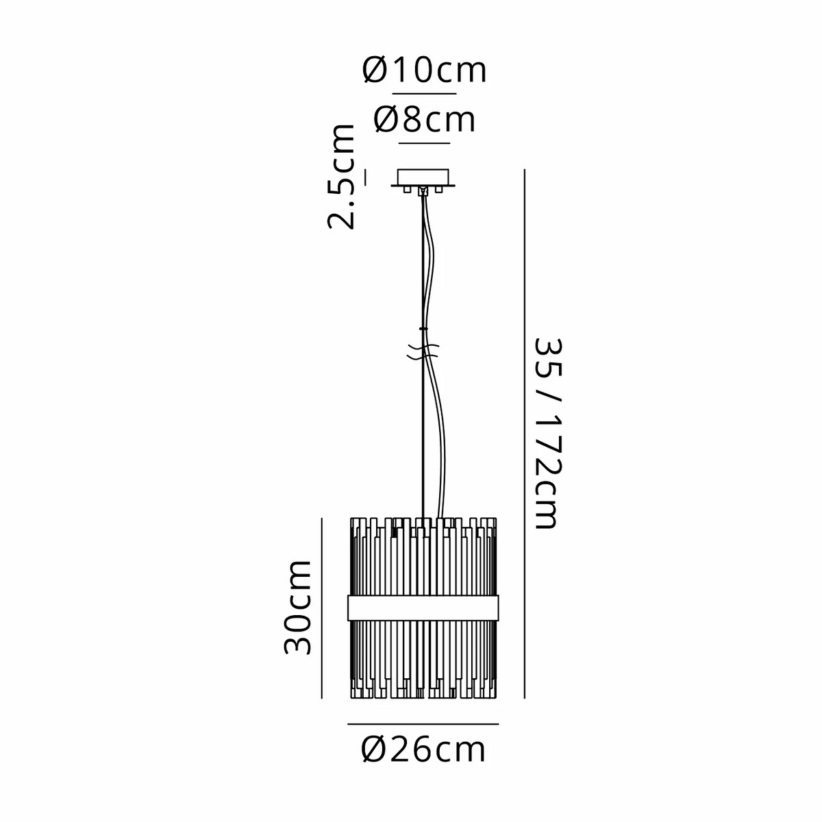 Technical drawing of a pendant light with dimensions