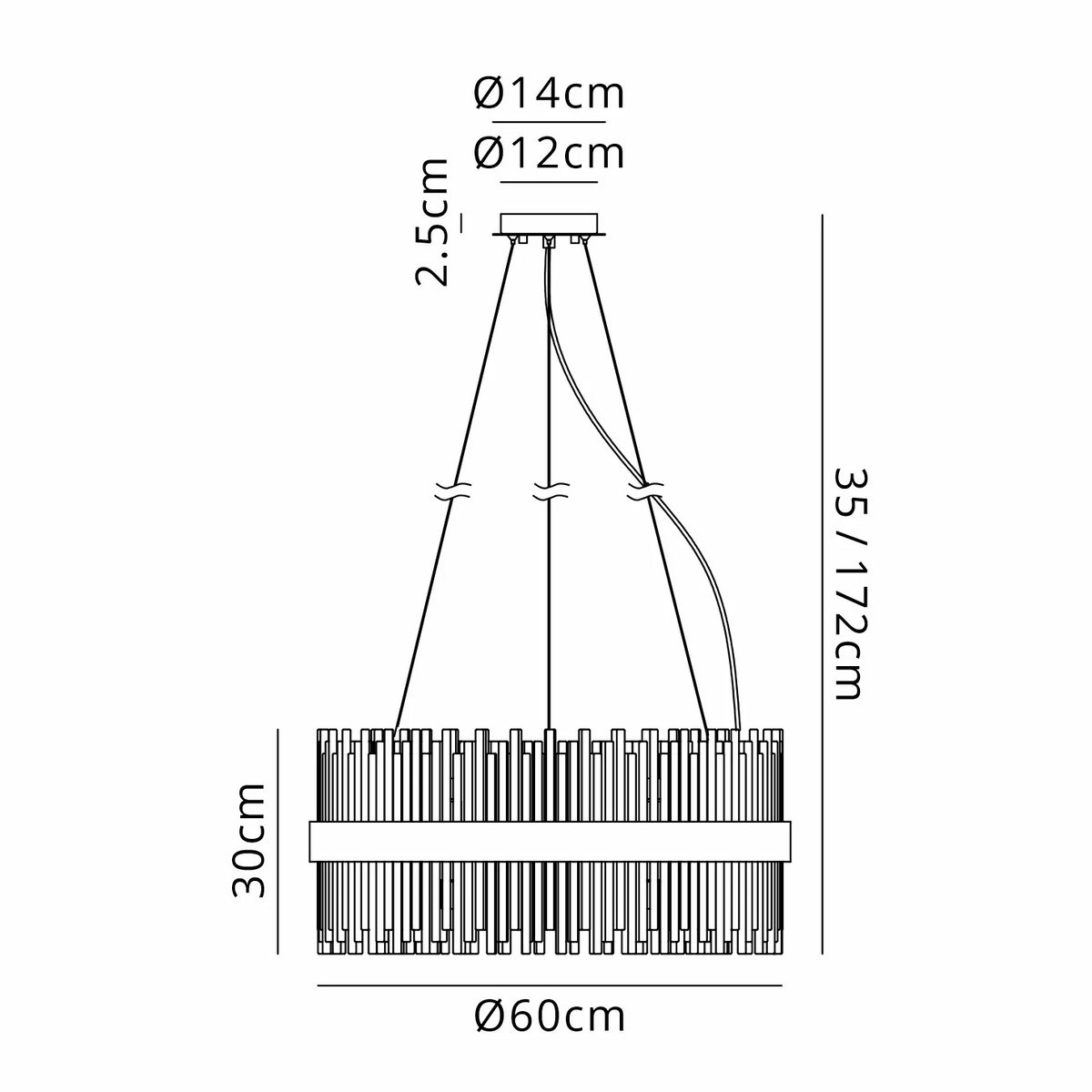 Technical drawing of a chandelier with dimensions: 60cm diameter, 30cm height, 35-172cm adjustable drop