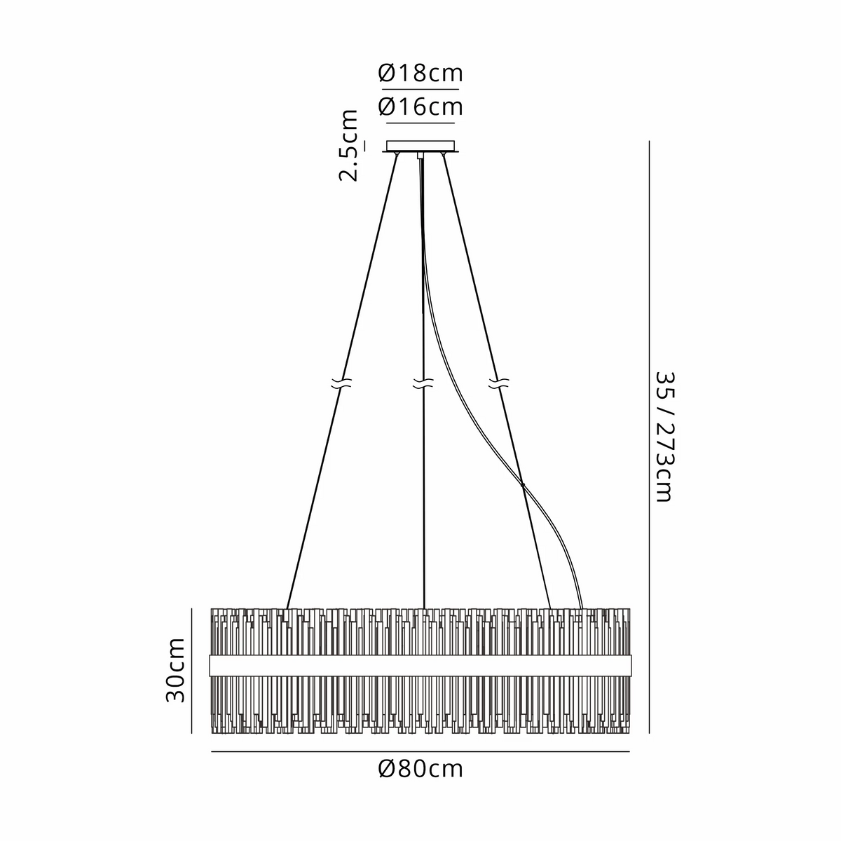 Technical drawing of a chandelier with dimensions: 80cm diameter, 30cm height, 35-273cm adjustable drop