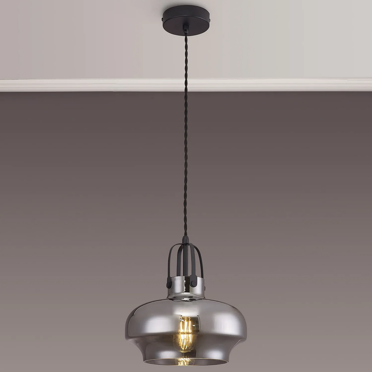 Bedlington Single Drop Pendant in Satin Black with Smoked Plated Glass Shade
