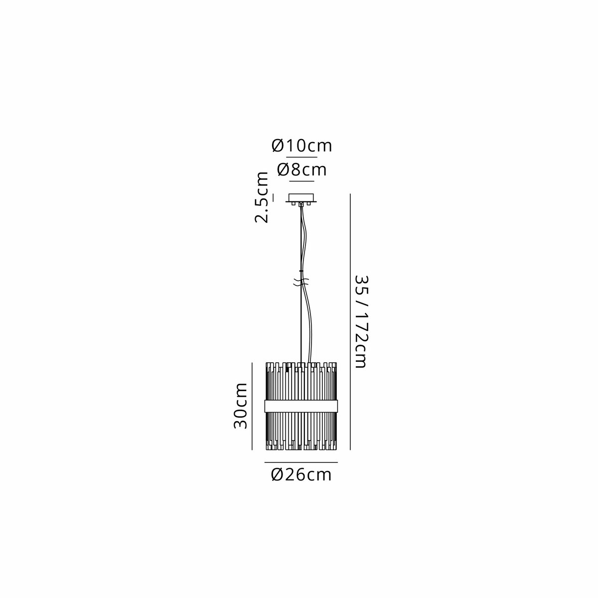 Technical drawing of a pendant light with dimensions: 30cm height, 26cm diameter, and 35-172cm adjustable length