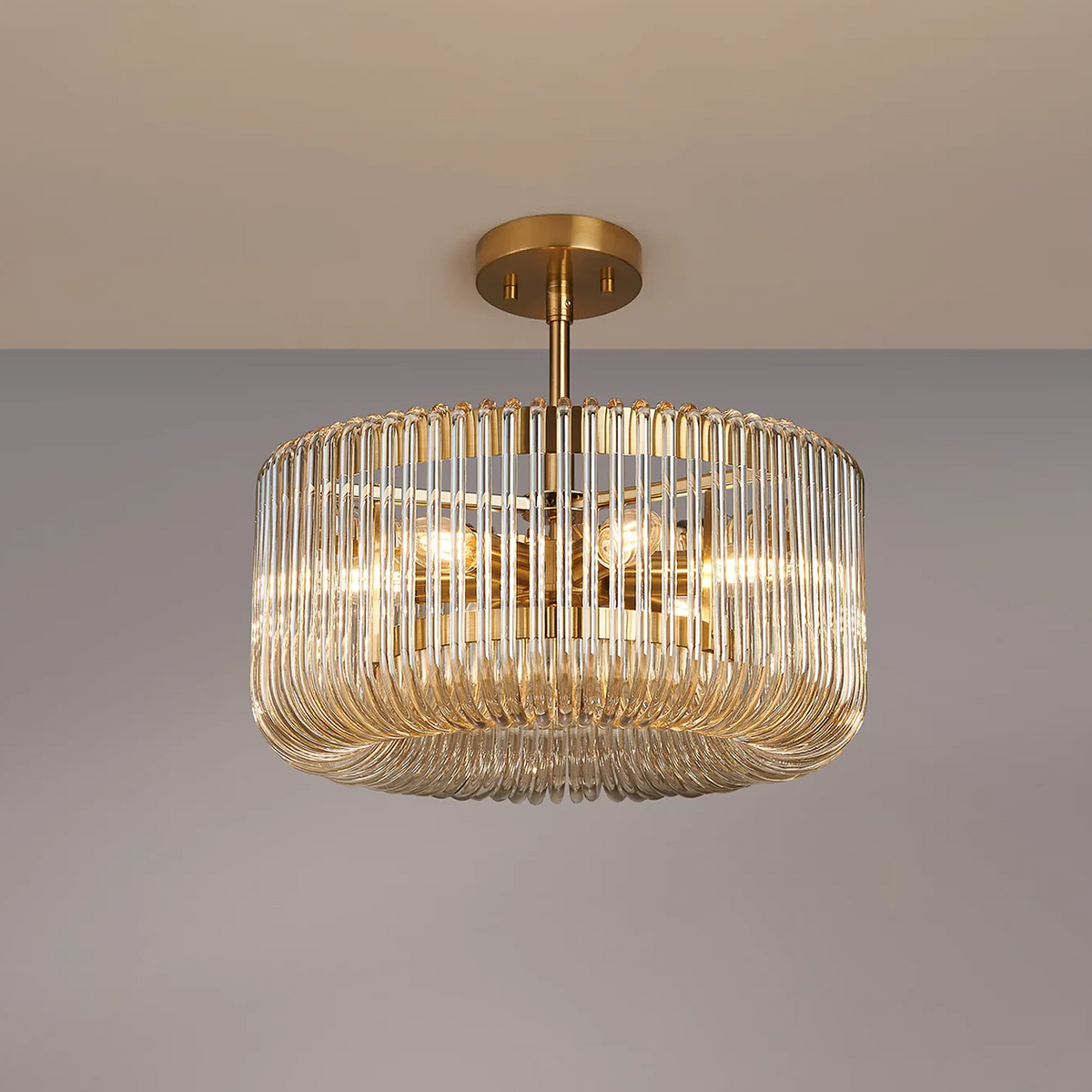 Jevington 400mm Pendant or Semi Flush in Brass with Smoke Brown Glass
