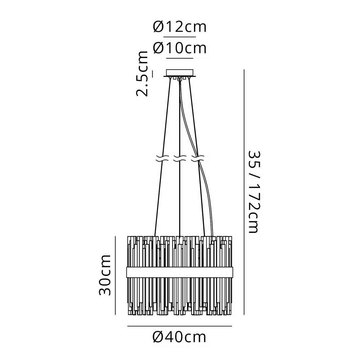 Line drawing of a chandelier with dimensions: 40cm diameter, 30cm height, 35-172cm adjustable drop