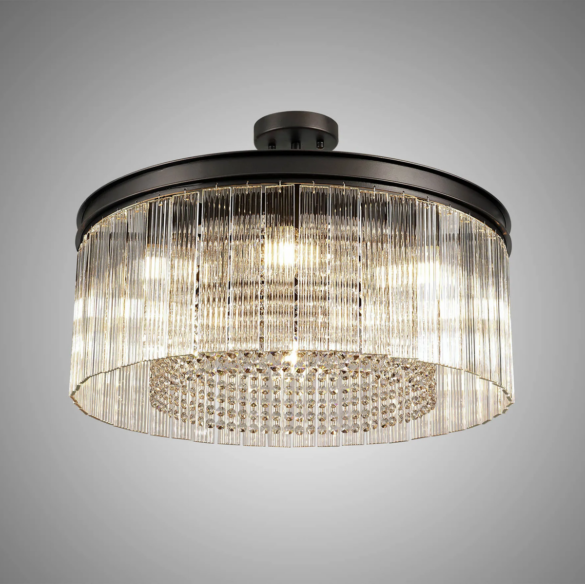 Beesands 600mm Pendant or Semi Flush in Brown Oxide with Clear Fluted Glass and Crystals