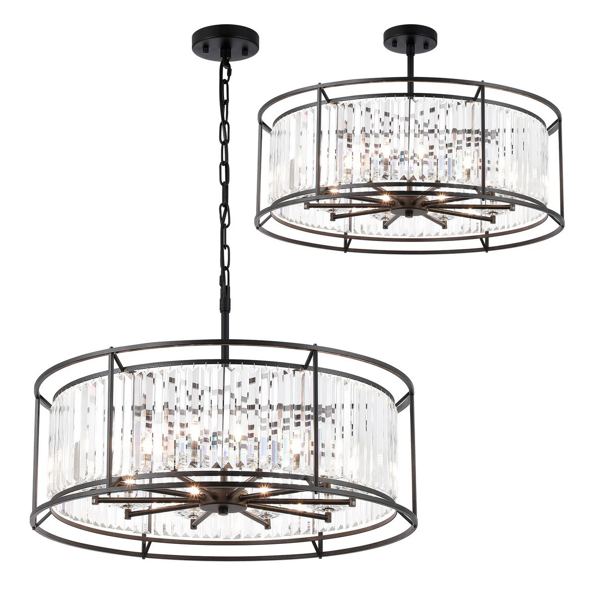Two round chandeliers with black frames and clear crystal rods, one hanging by a chain, the other flush mount