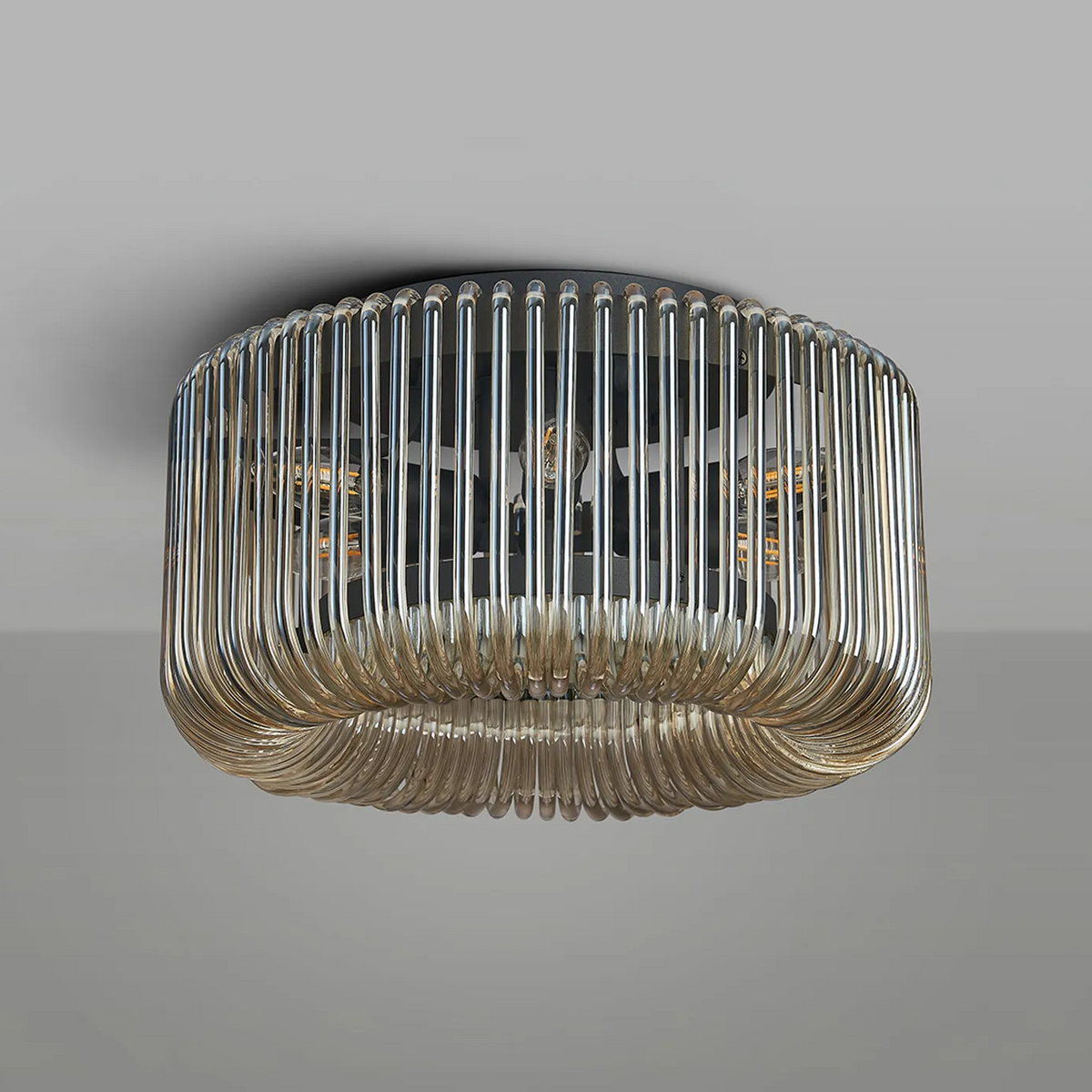 Jevington 400mm Flush Ceiling Light in Black with Smoke Brown Glass