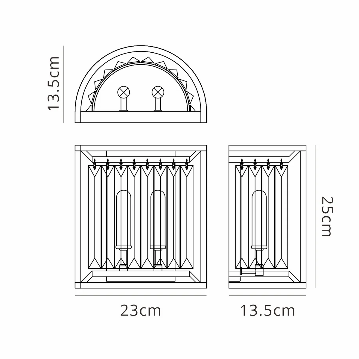 Technical drawing of a wall light with dimensions: 25cm height, 23cm width, 13.5cm depth