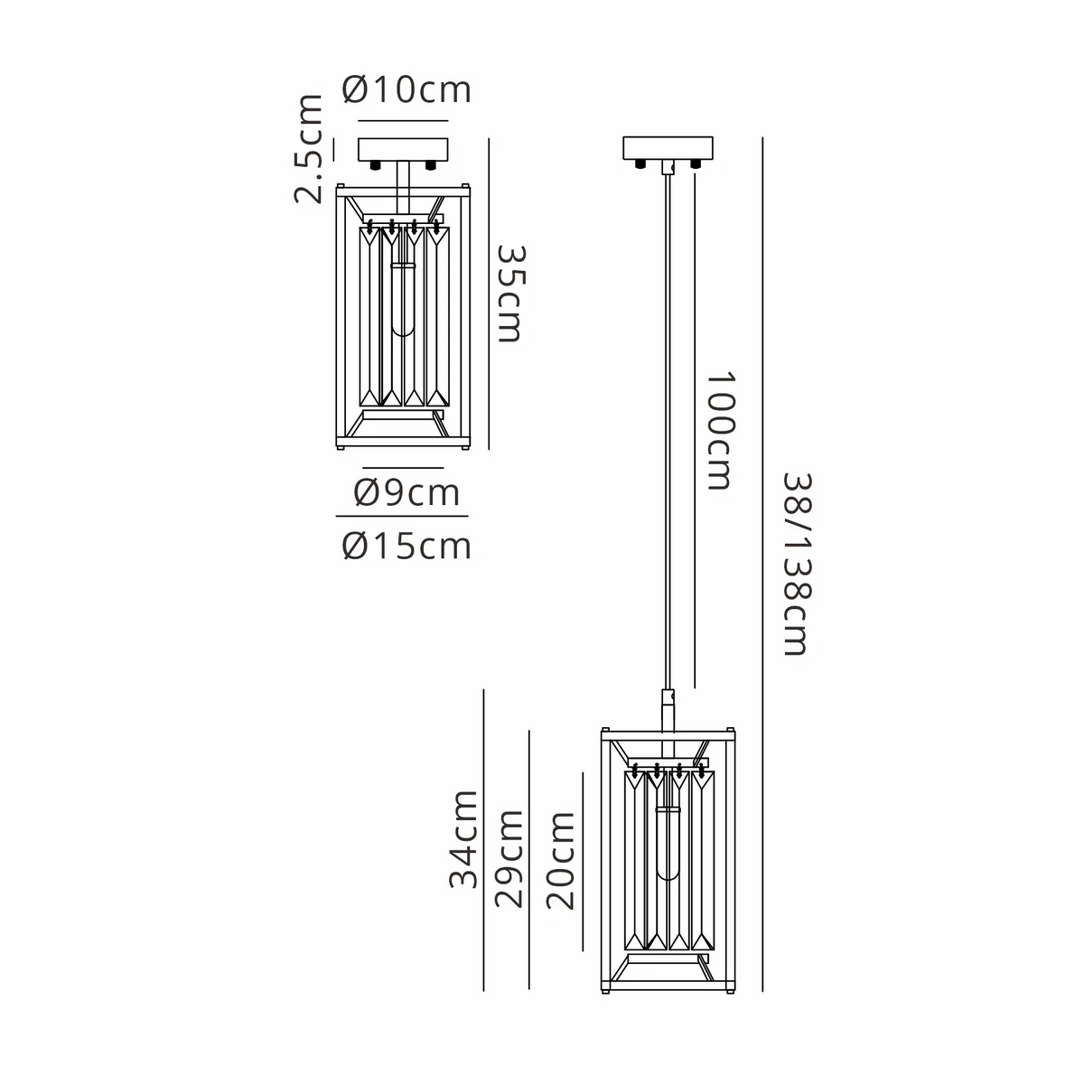 Diagram of a pendant light with dimensions: 10cm diameter, 2.5cm height, 35cm total height