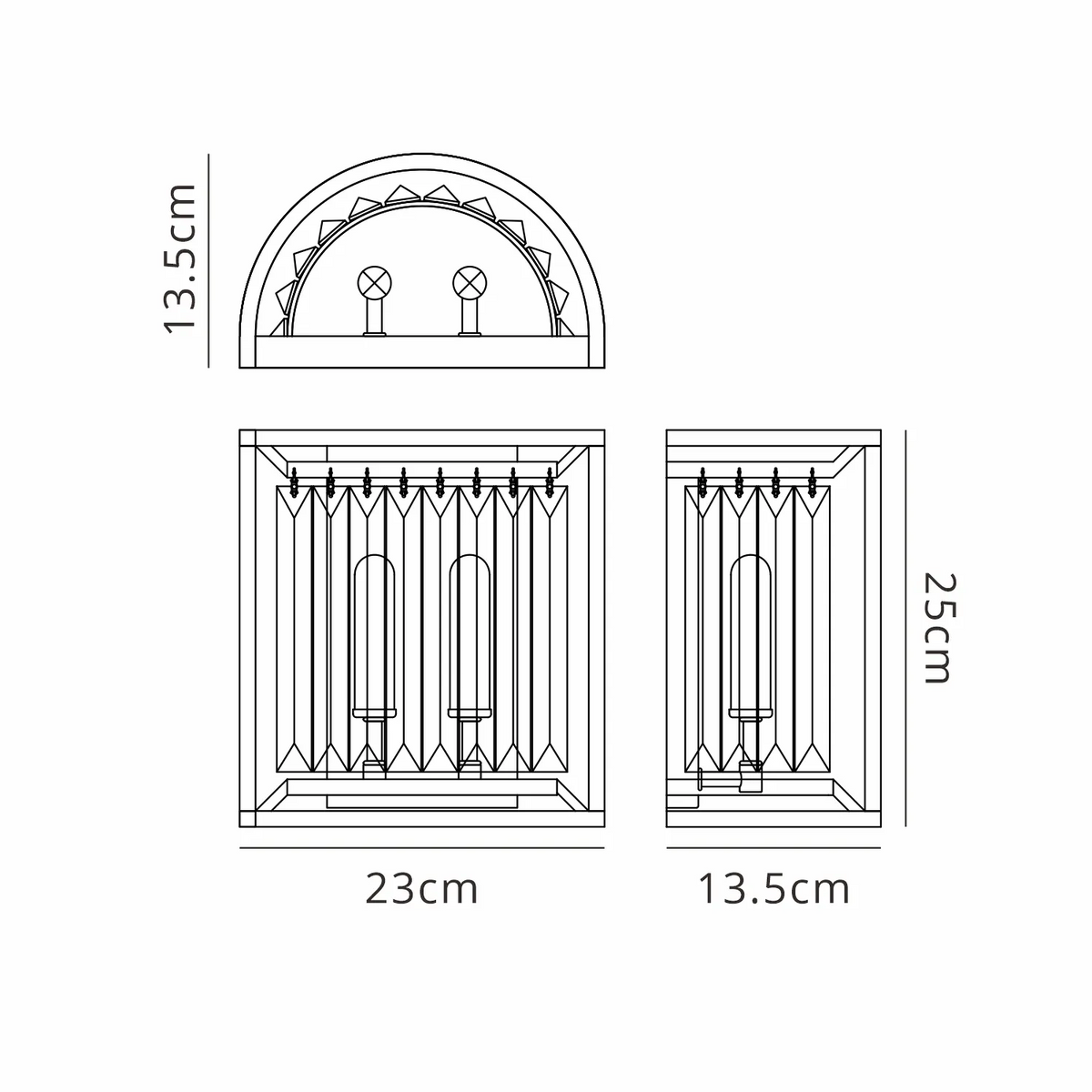 Technical drawing of a wall light with dimensions 25cm high, 23cm wide, and 13.5cm deep