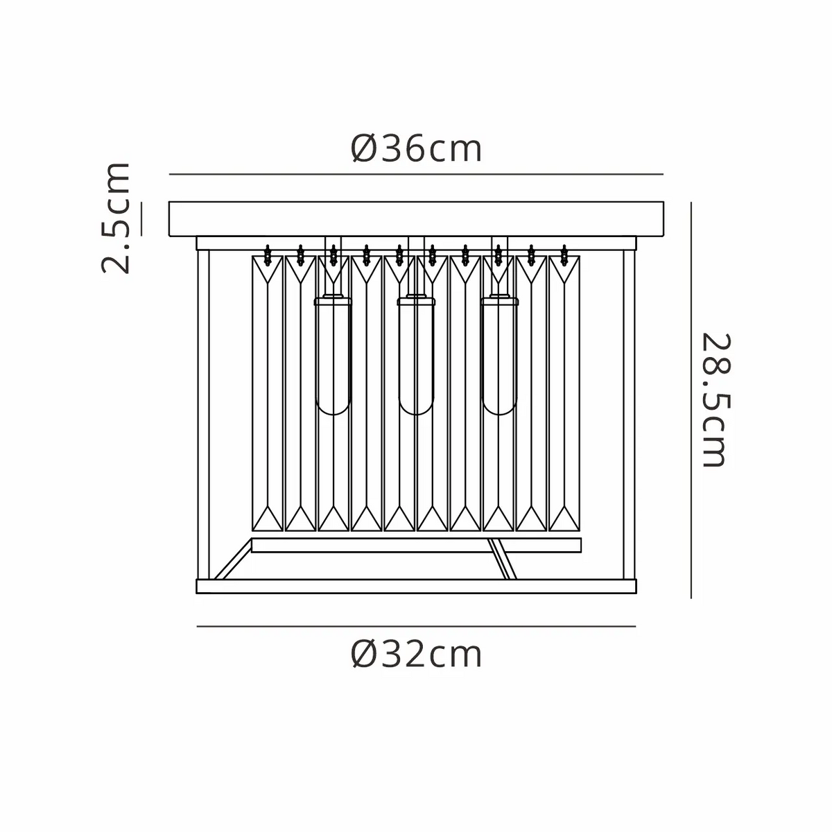 Line drawing of a light fixture with dimensions: 36cm diameter top, 32cm diameter bottom, 28.5cm height, 2.5cm depth