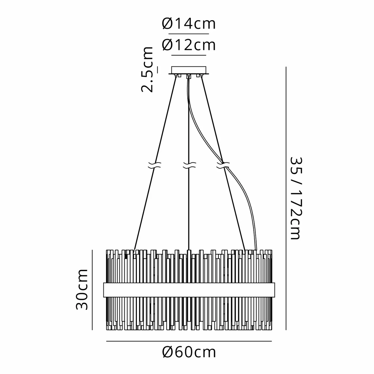 Technical drawing of a chandelier with dimensions: 60cm diameter, 30cm height, 35-172cm adjustable drop