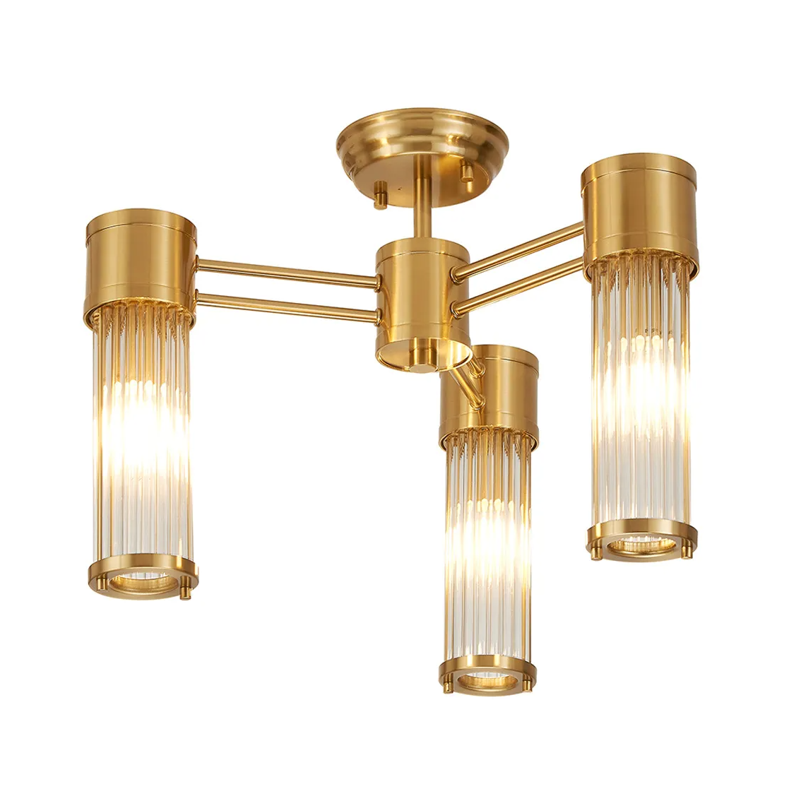 Tansley E14 IP44 Three Light Semi Flush Ceiling Light in Gold with Clear Glass Rods