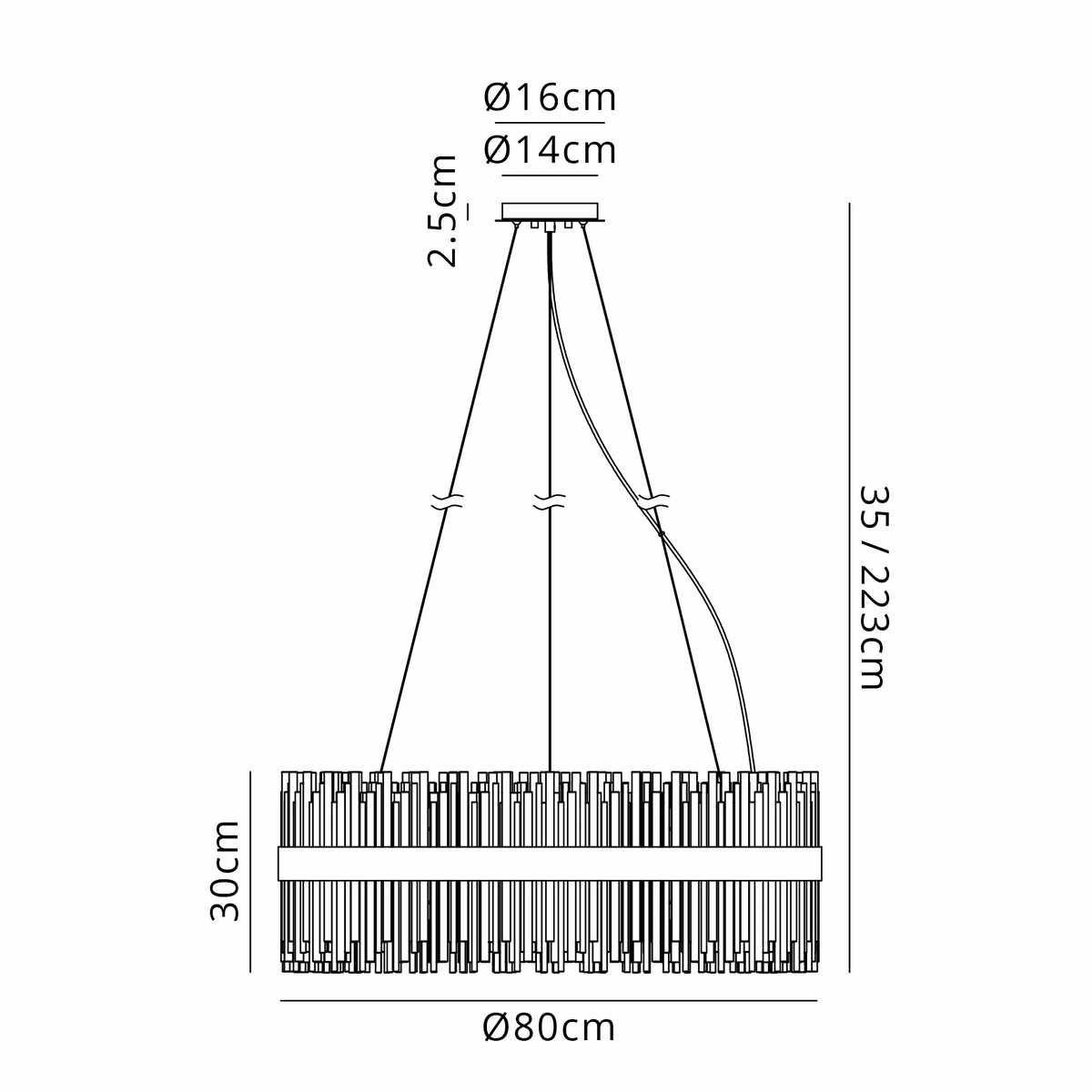Technical drawing of the chandelier with dimensions: 80cm diameter, 30cm height, 35-223cm adjustable drop