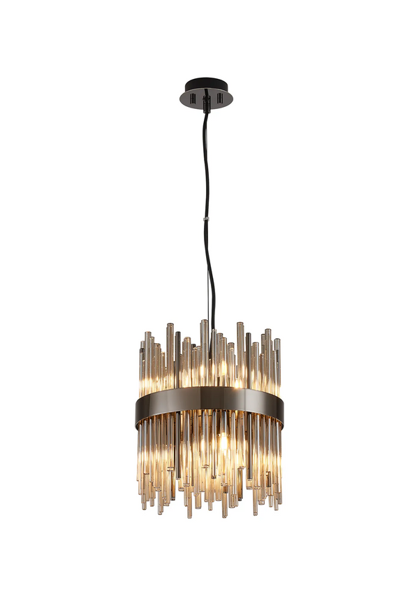 Round chandelier with a black base and a black wire, featuring a band of bronze-colored glass rods