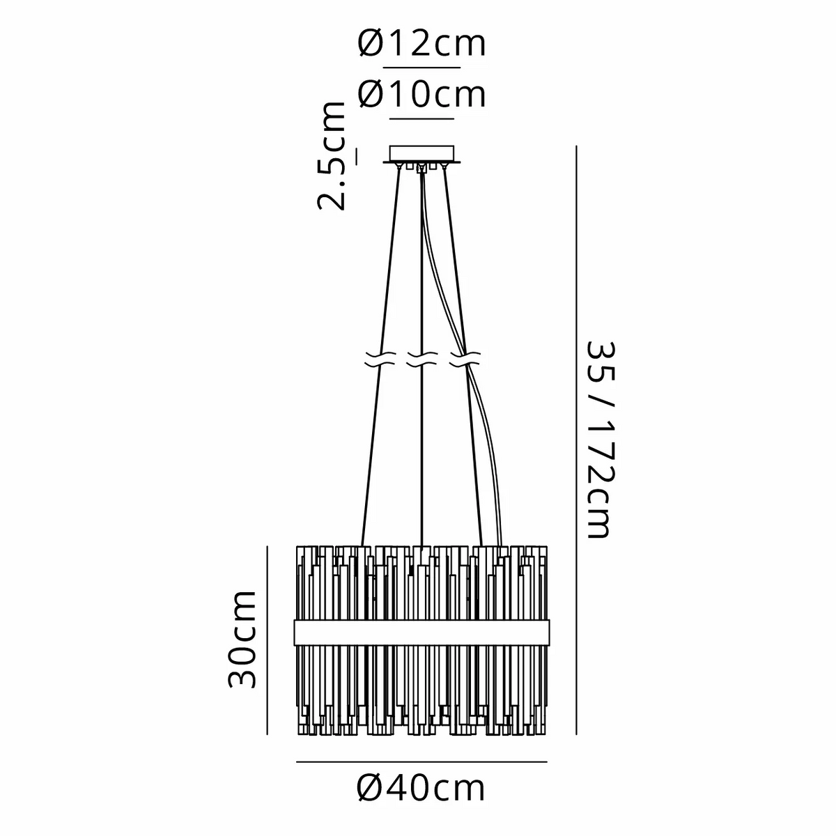 Line drawing of a chandelier with dimensions