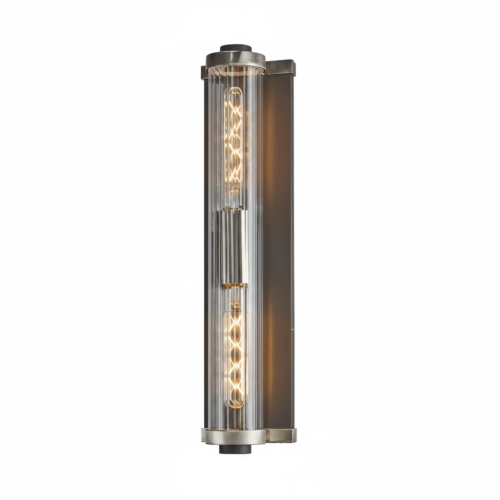 Beeley Large IP54 Wall Light in Anthracite & Satin Nickel with Ribbed Glass Shade