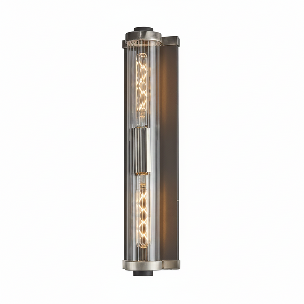 Beeley Large IP54 Wall Light in Anthracite & Satin Nickel with Ribbed Glass Shade