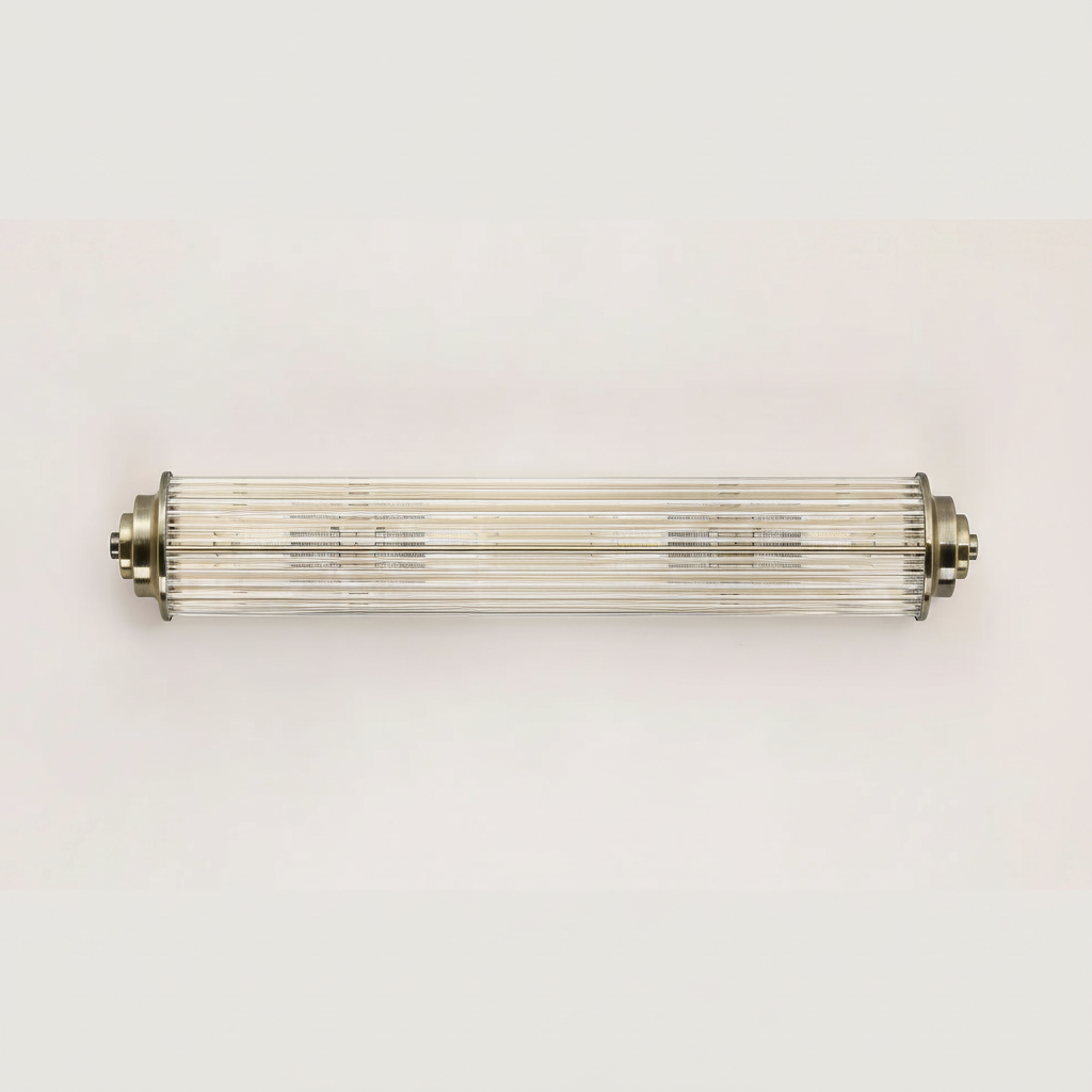 Horizontal cylindrical light fixture with clear fluted glass and brushed metal ends