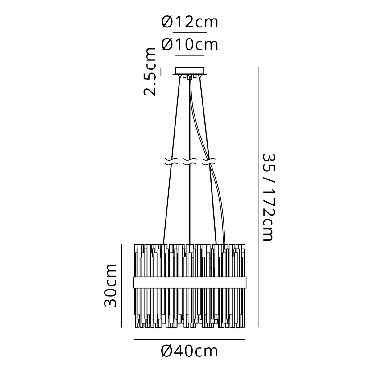 Line drawing of a chandelier with dimensions