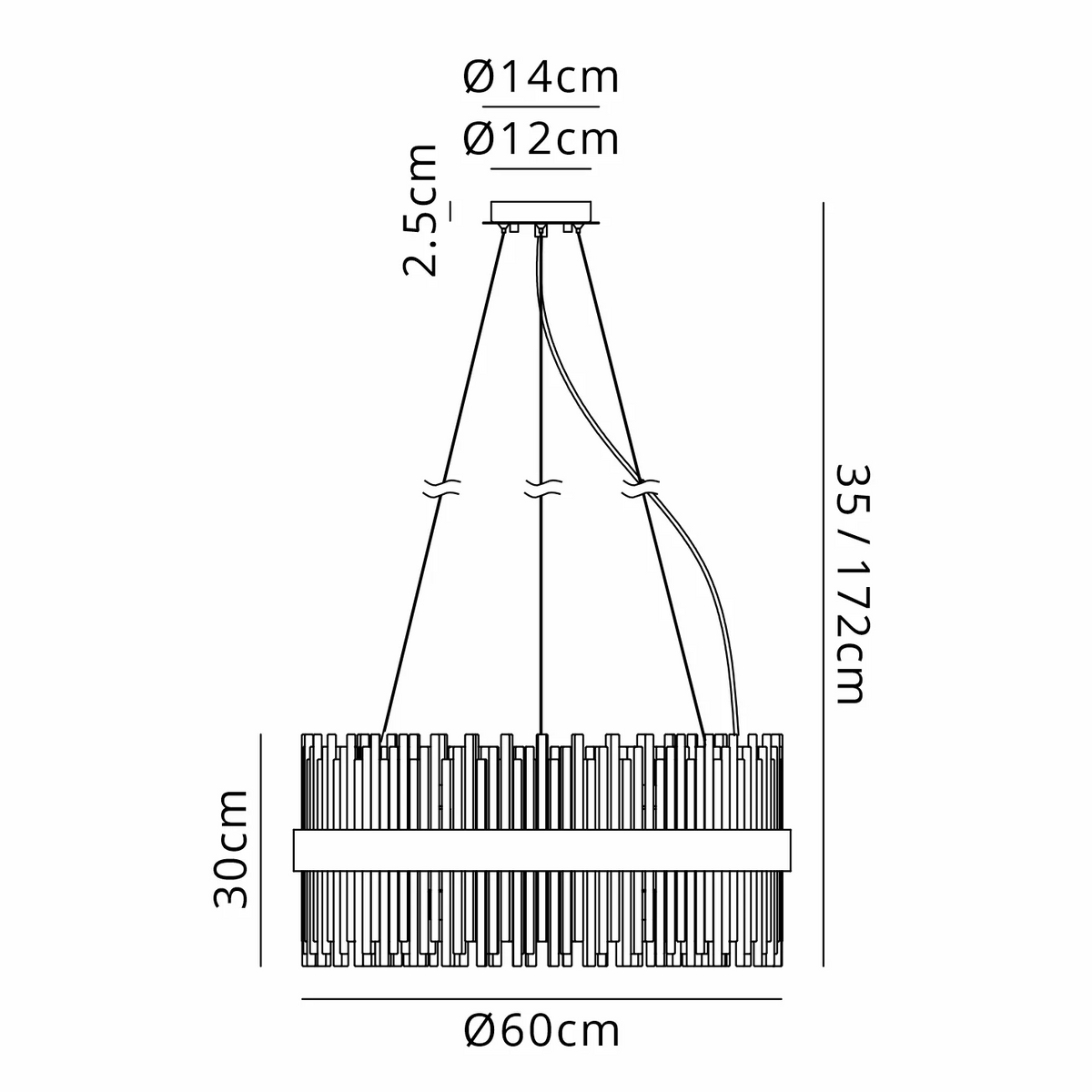 Line drawing of a chandelier with dimensions: 60cm diameter, 30cm height, 35-172cm adjustable drop