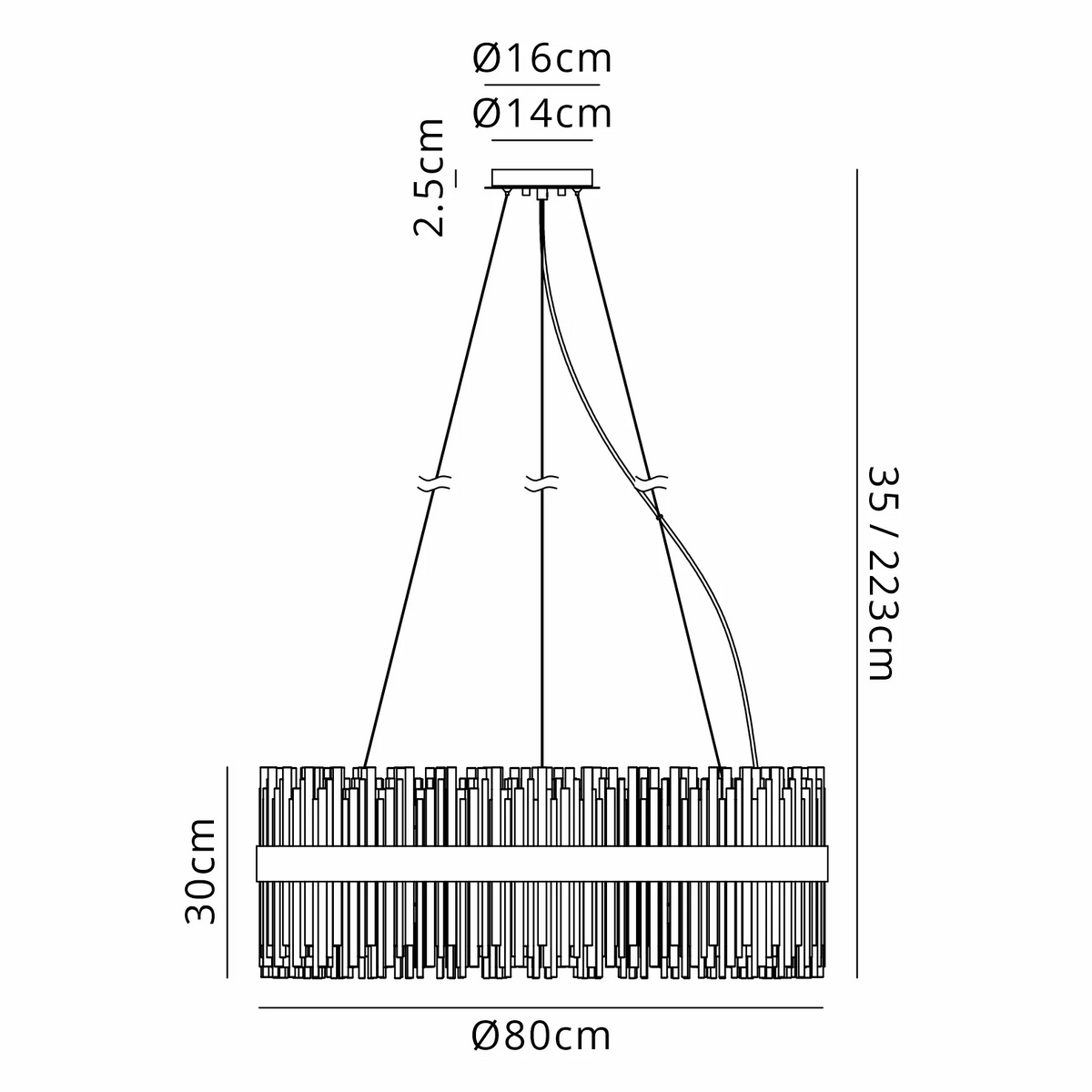 Technical drawing of a chandelier with dimensions: 80cm diameter, 30cm height, 35-223cm adjustable drop