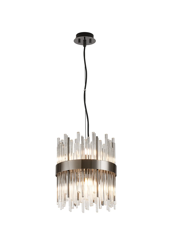 Round chandelier with a dark metal band and clear glass rods hanging at varying lengths