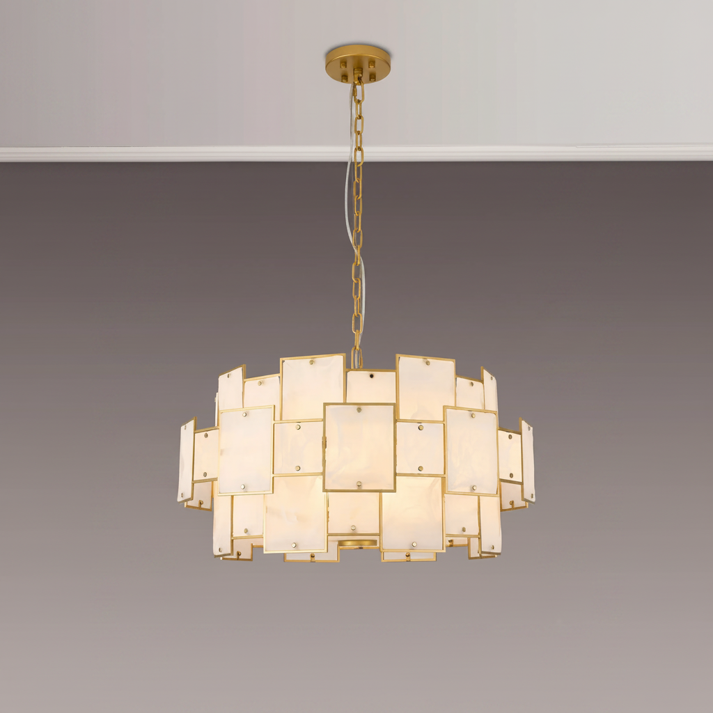 Gold chandelier with rectangular white glass panels