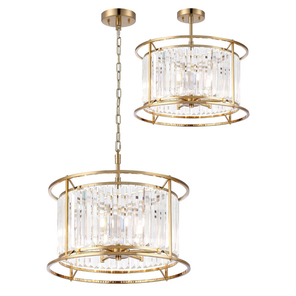 Two gold and crystal chandeliers, one hanging by a chain, the other flush mounted