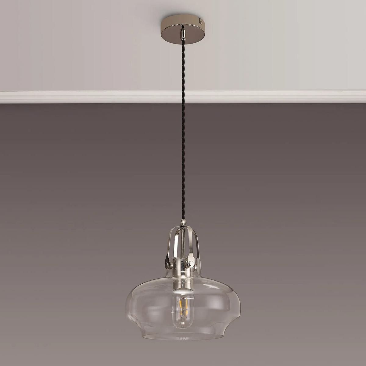 Bedlington Single Drop Pendant in Polished Nickel with Clear Glass Shade