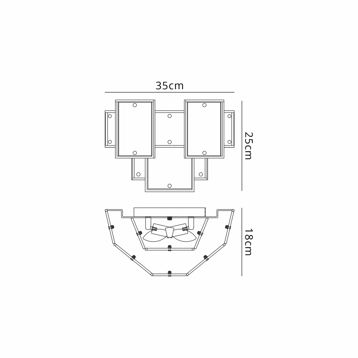 Technical drawing of a ceiling light with dimensions 35cm width, 25cm height, and 18cm depth