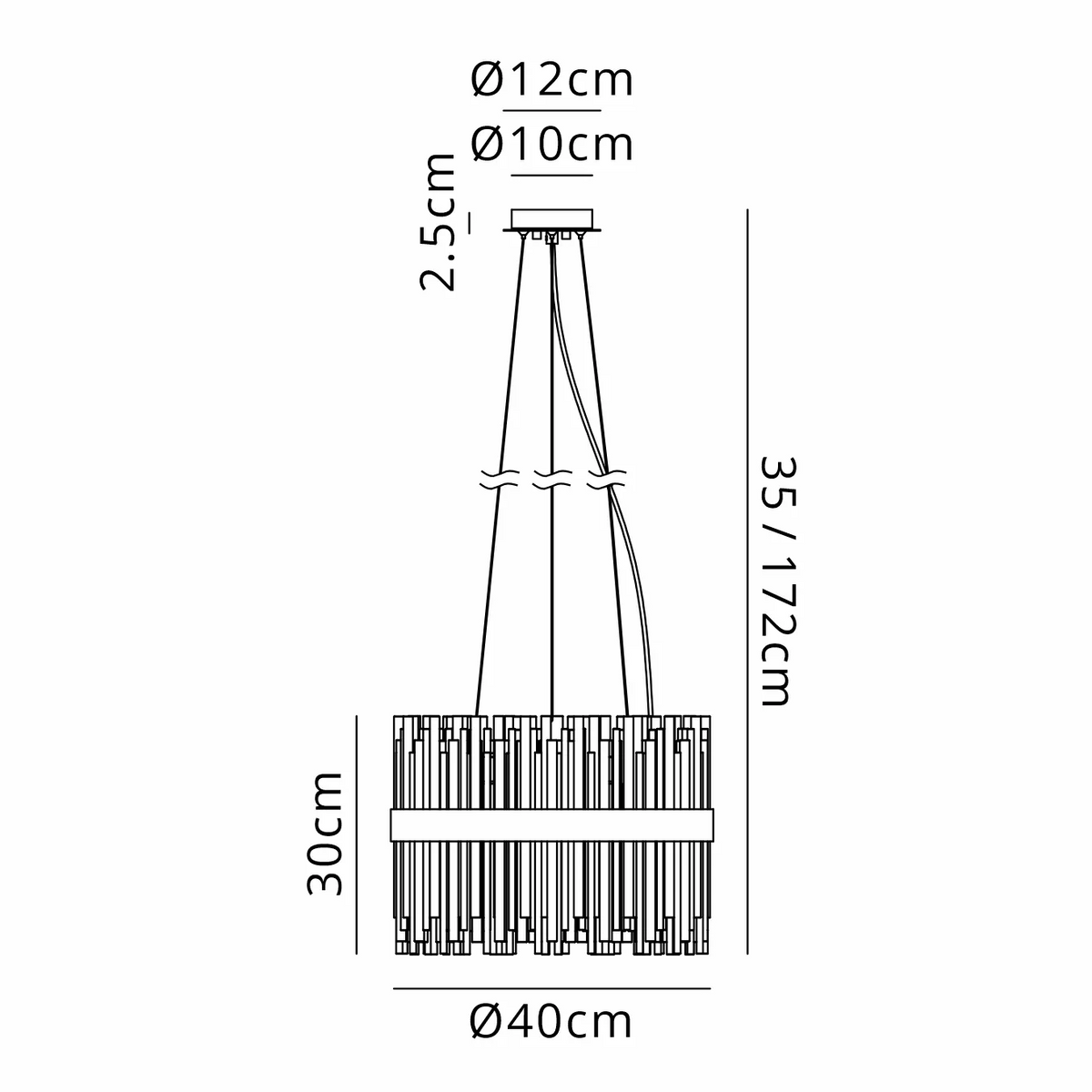 Technical drawing of a chandelier with dimensions: 40cm diameter, 30cm height, and adjustable drop