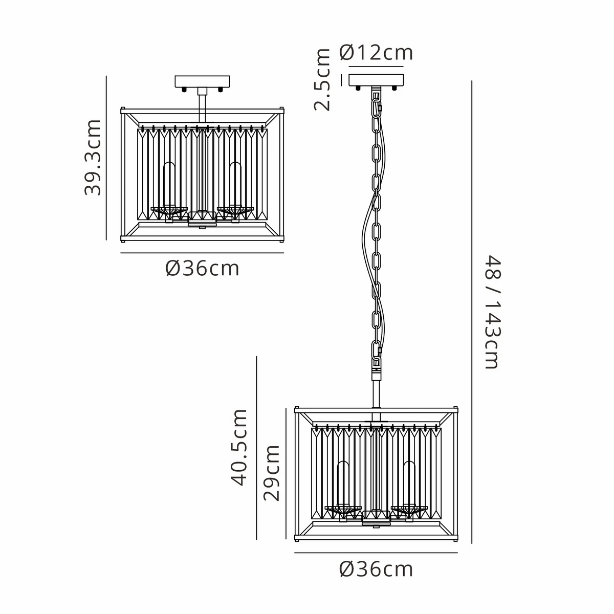 Line drawing of a rectangular chandelier with dimensions