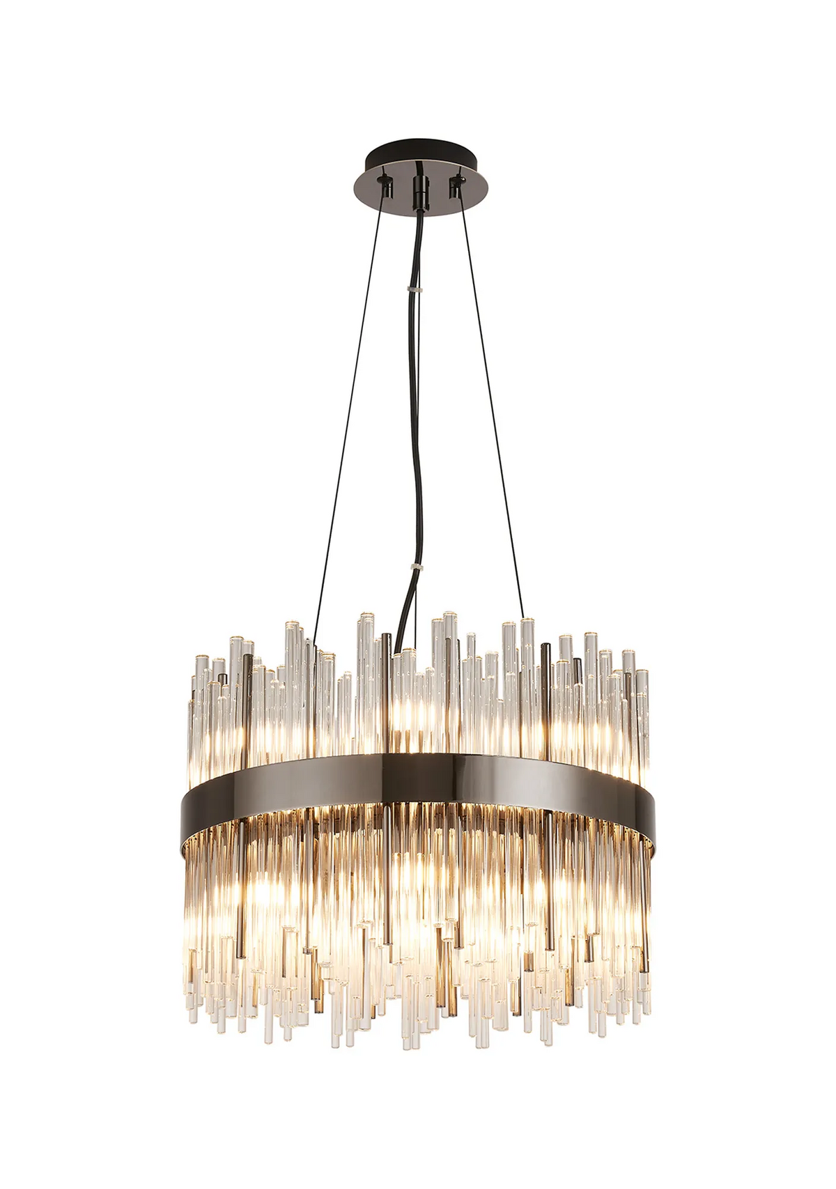 Round chandelier with a dark metal frame and multiple clear glass rods of varying lengths