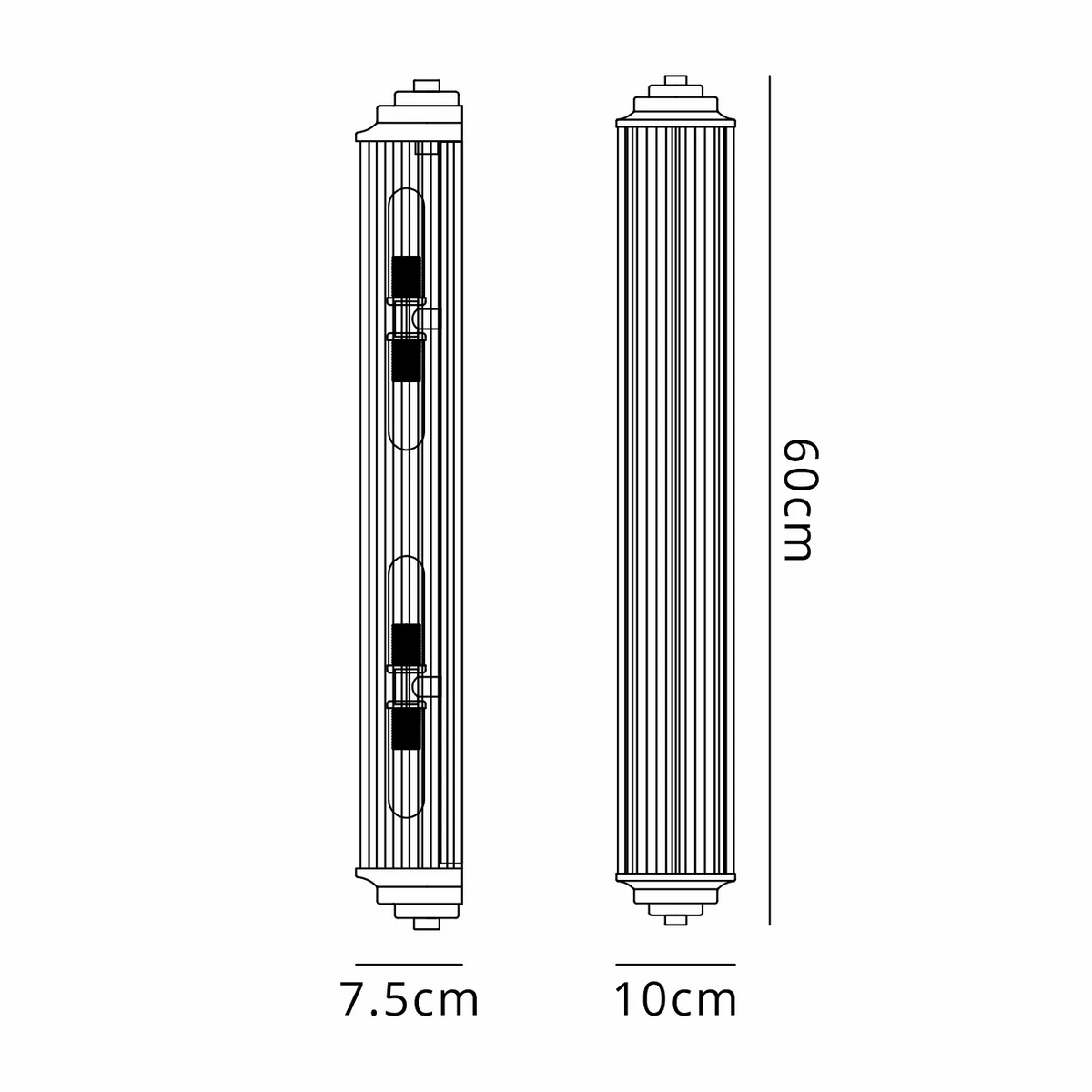 Line drawing of a fluted wall light with dimensions 60cm height, 7.5cm depth, and 10cm width