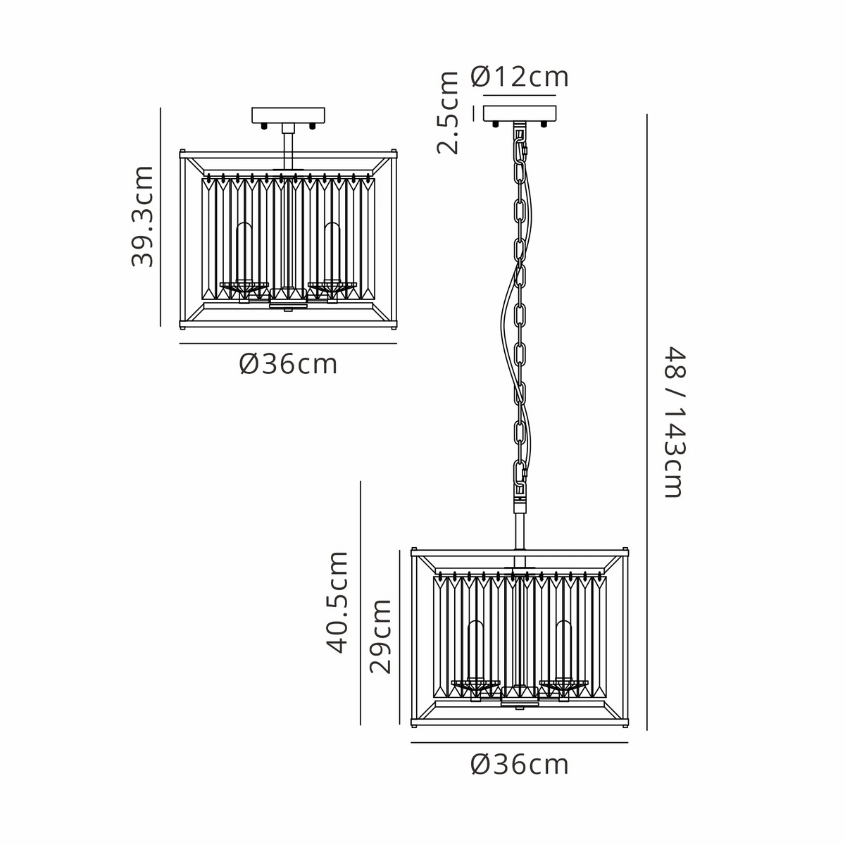 Technical drawing of a rectangular ceiling light and a rectangular pendant light with dimensions