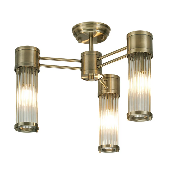 Tansley E14 IP44 Three Light Semi Flush Ceiling Light in Antique Brass with Clear Glass Rods