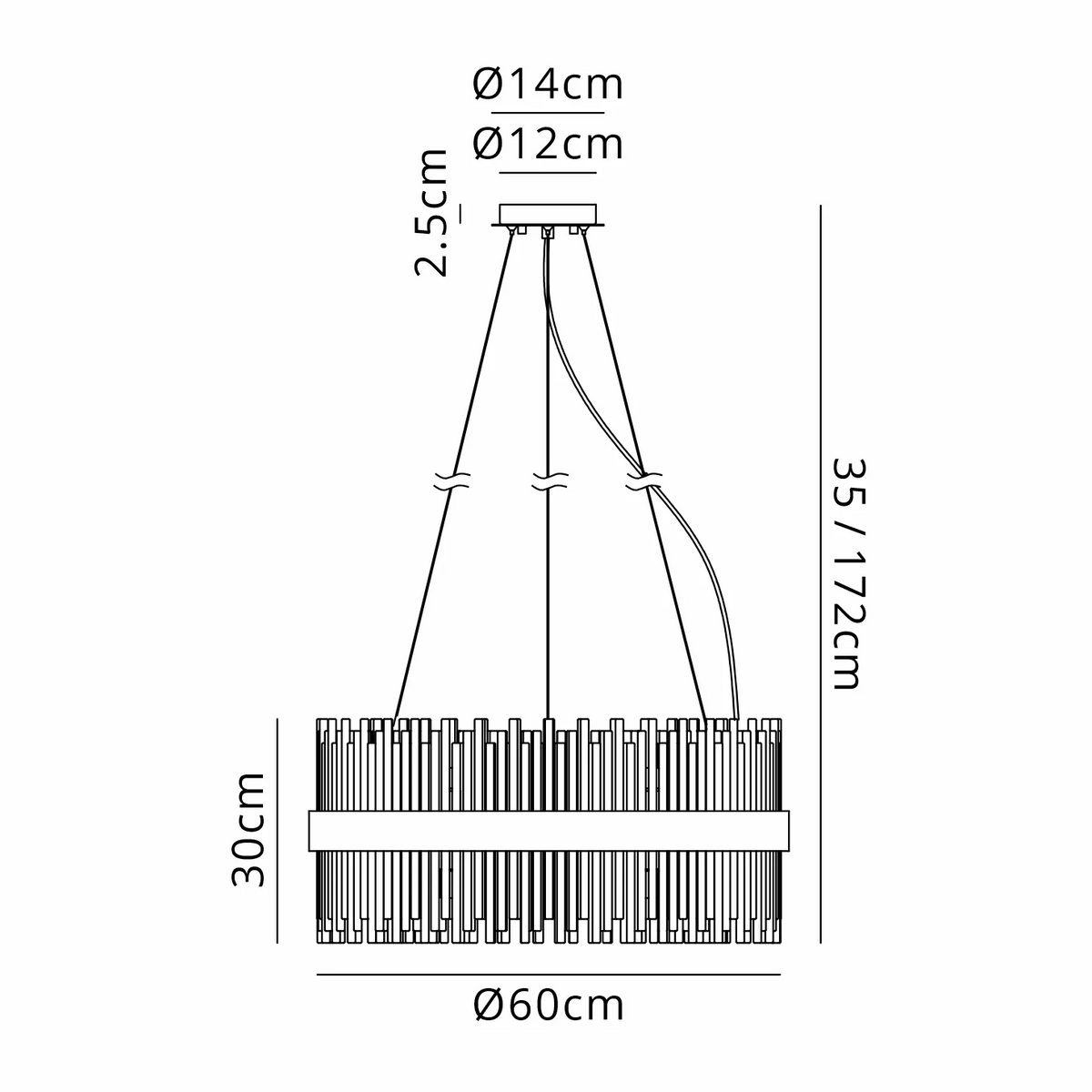 Technical drawing of a chandelier with dimensions: 60cm diameter, 30cm height, and 35/172cm total height