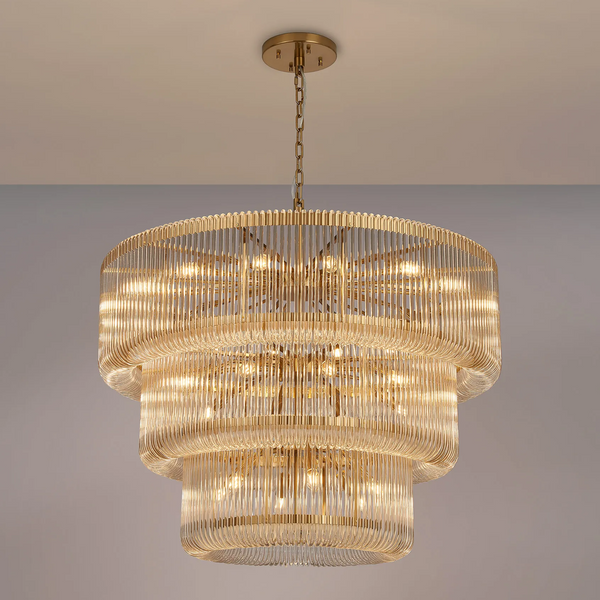 Jevington 1000mm Three Tier Pendant or Semi Flush in Brass with Clear Glass