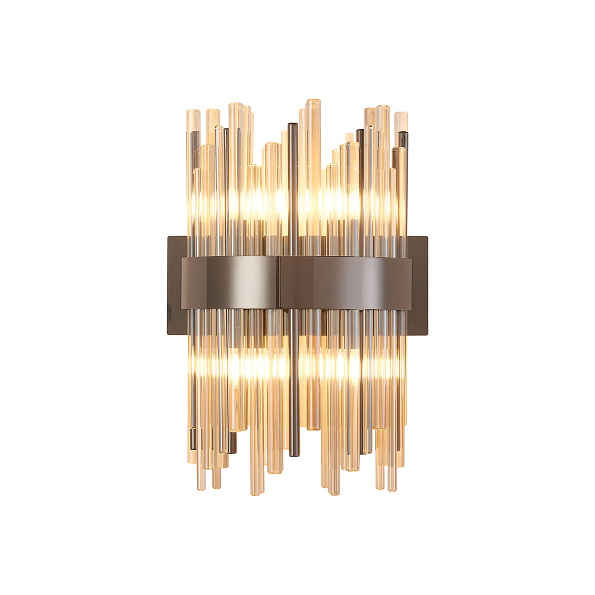Rectangular wall sconce with two rows of vertical glass rods and a bronze metal band