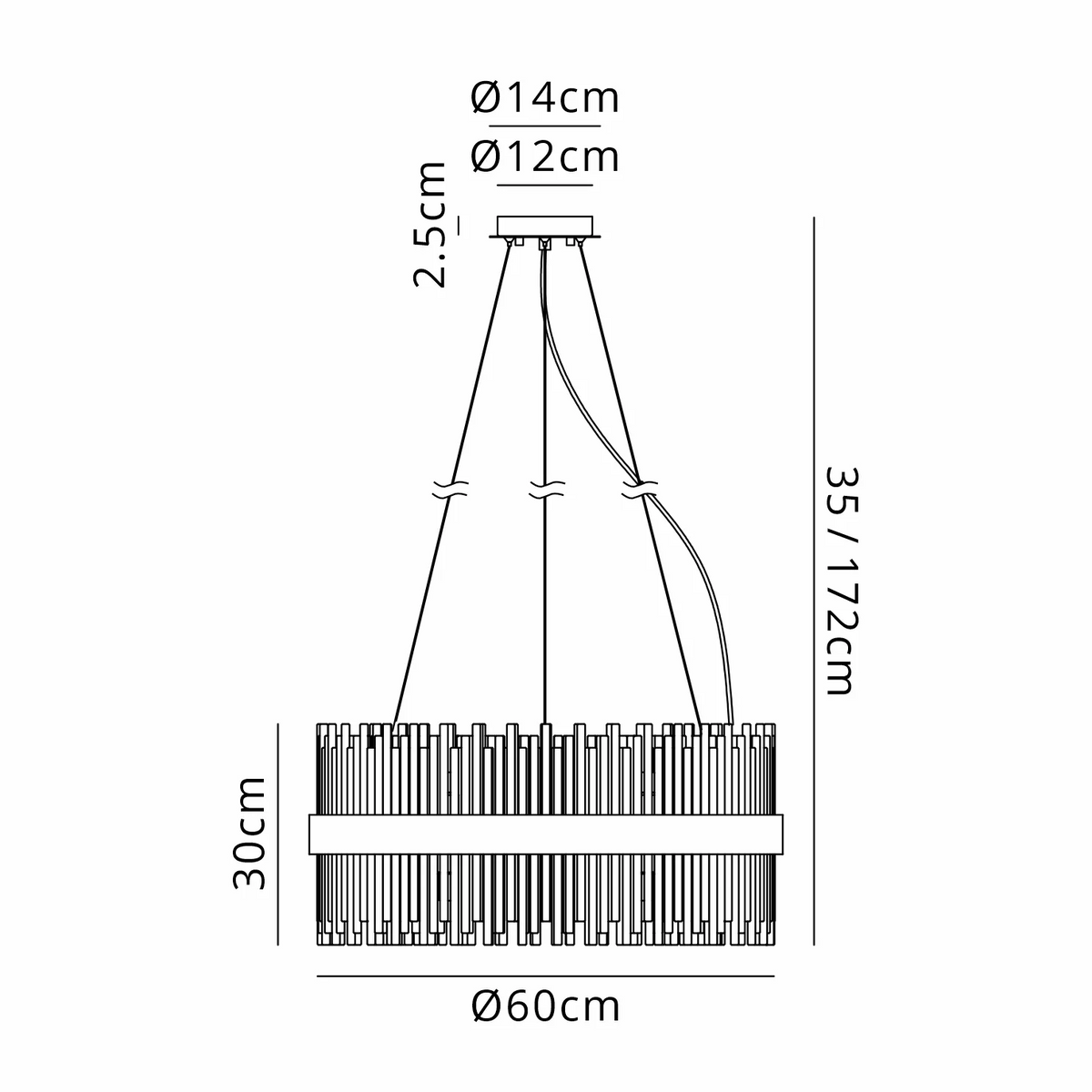 Technical drawing of a chandelier with dimensions: 60cm diameter, 30cm height, 35-172cm adjustable drop
