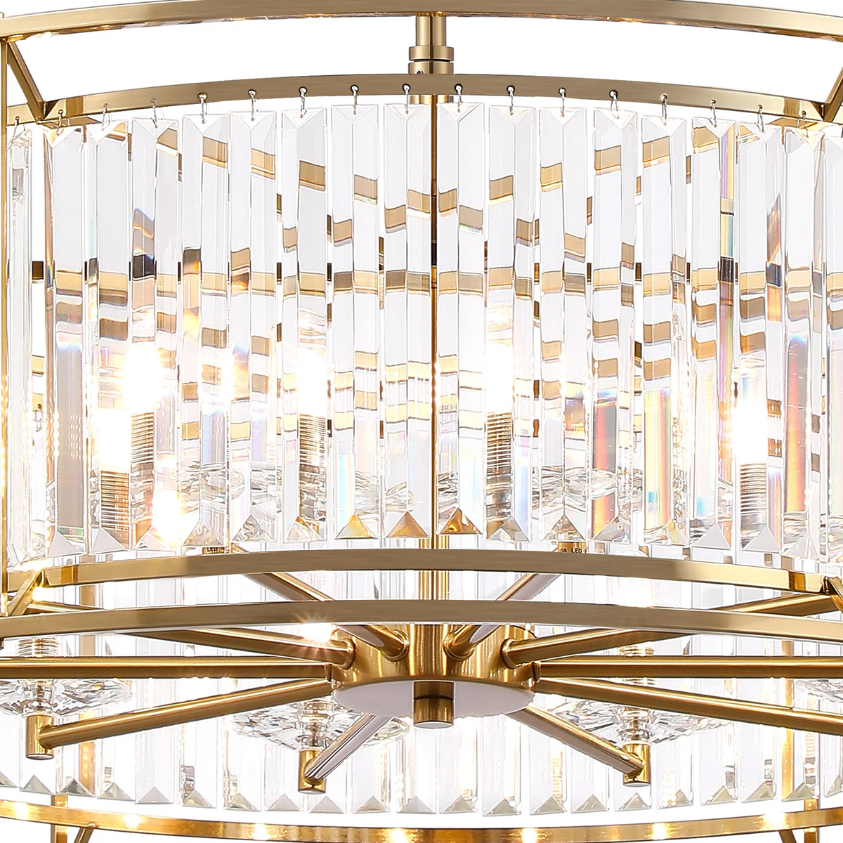 Close up of a gold chandelier with rectangular crystal accents