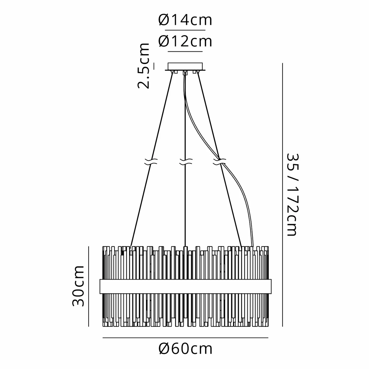 Line drawing of a chandelier with dimensions. Diameter 60cm, height 30cm. Total height 35-172cm