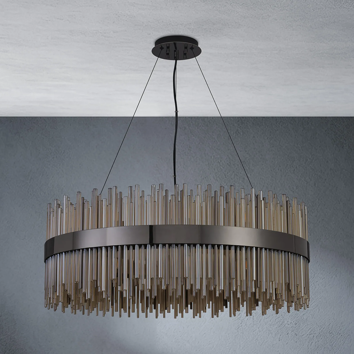 Round chandelier with bronze frame and vertical glass rods