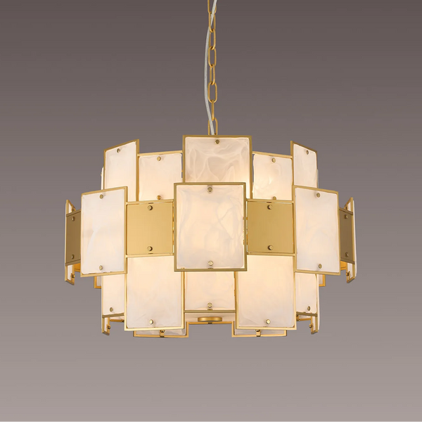 Gold and white chandelier with rectangular panels