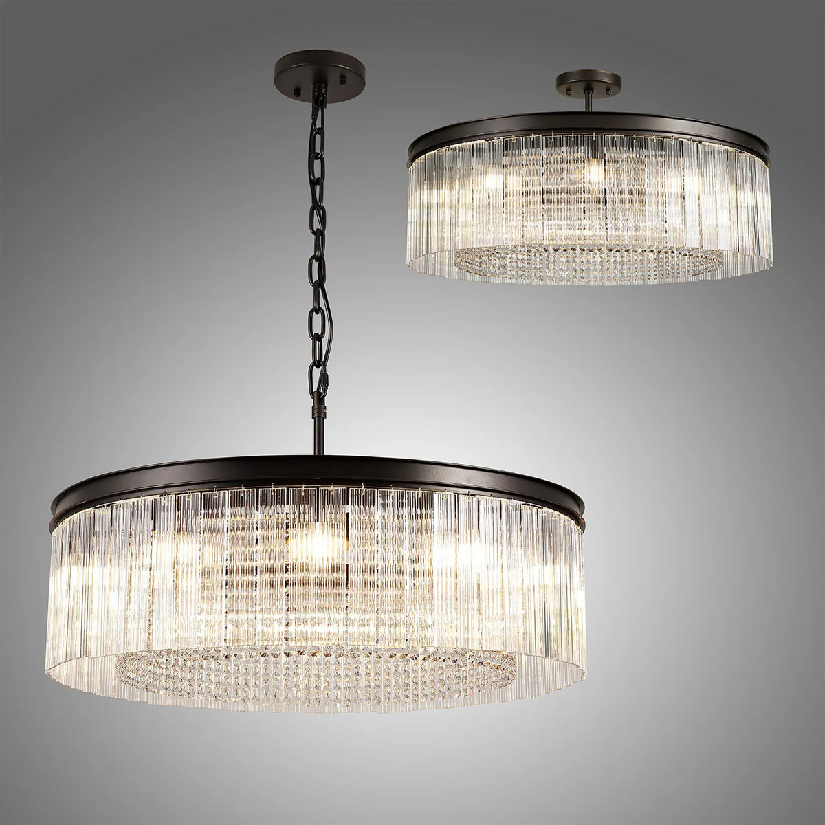 Beesands 800mm Pendant or Semi Flush in Brown Oxide with Clear Fluted Glass and Crystals