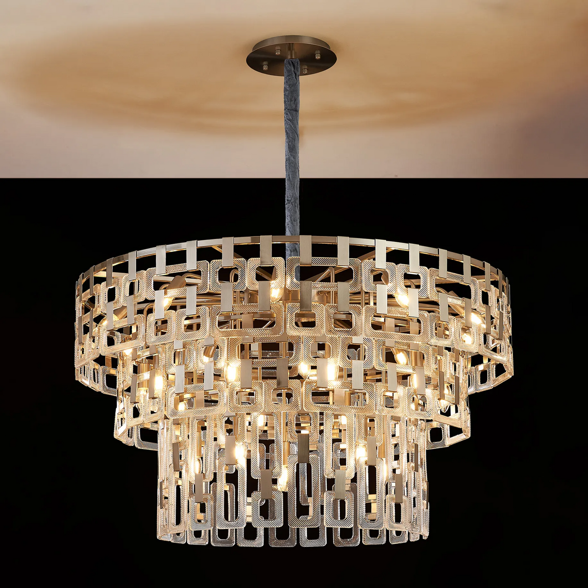 Heptonstall 1000mm Three Tier Round Pendant in Satin Nickel with Clear Glass