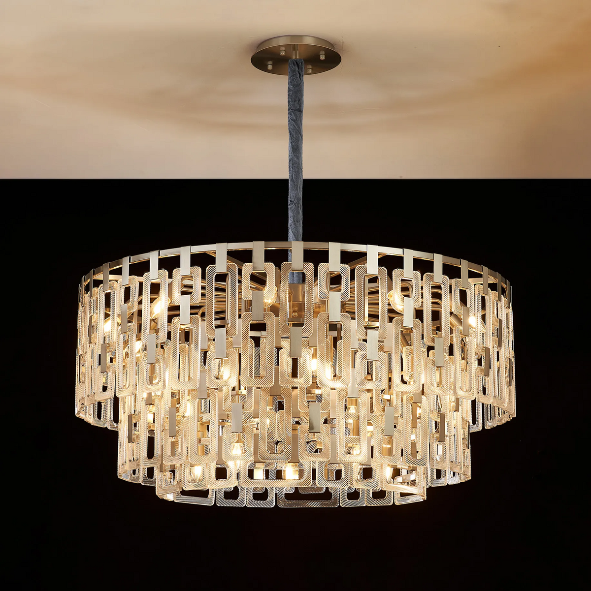 Heptonstall 1000mm Three Tier Round Pendant in Satin Nickel with Clear Glass