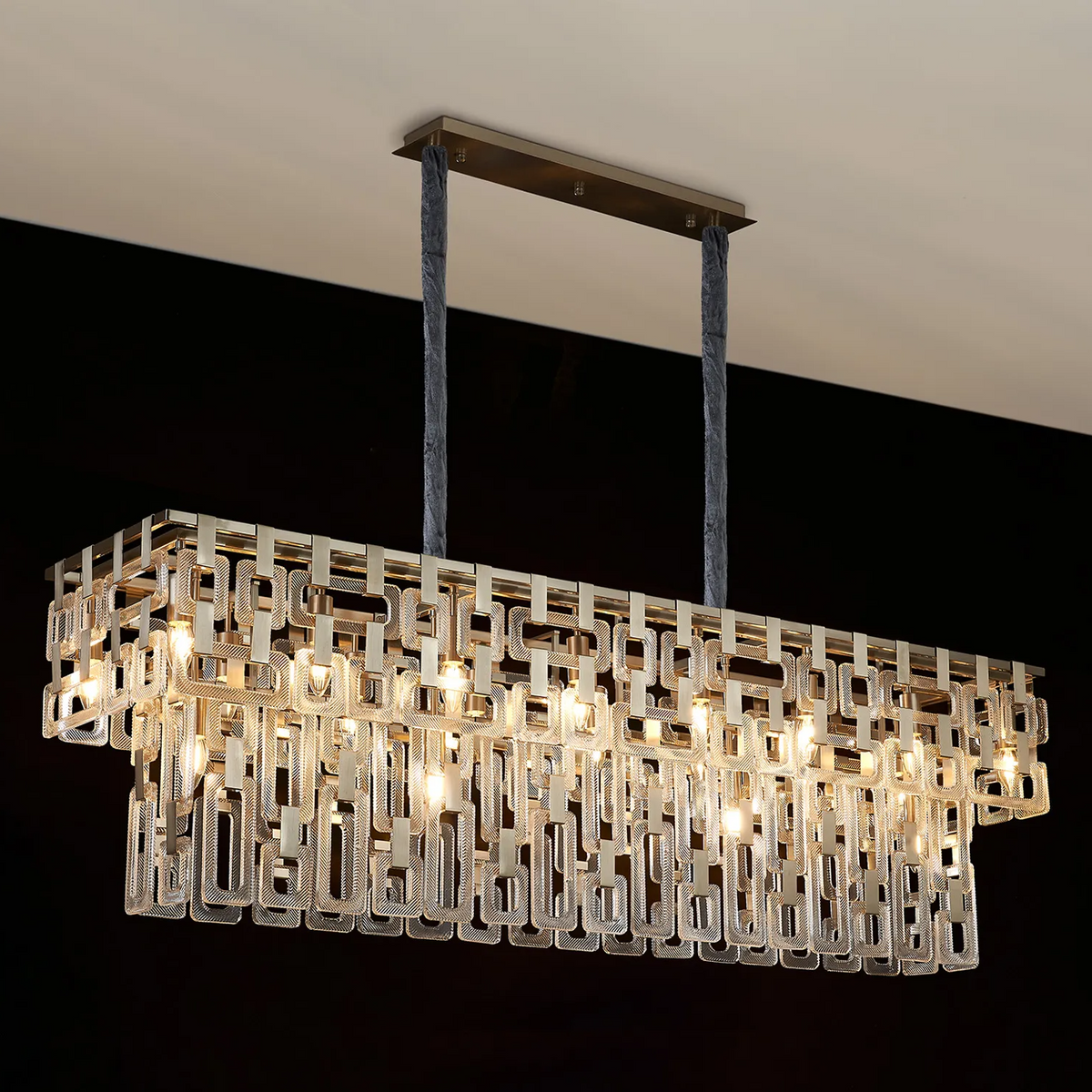 Heptonstall 1500mm Two Tier Linear Pendant in Satin Nickel with Clear Glass